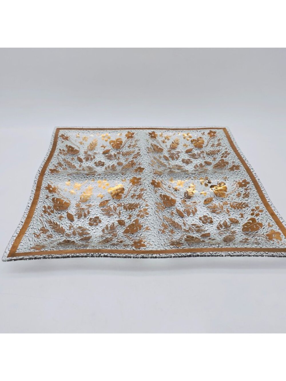 MCM Golden Foliage Divided Textured Glass Tray 4 Sections Large 16" x 16" - Picture 4 of 11